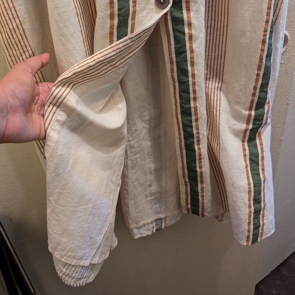 Zara Striped Rustic Dress Linen Button Front Pockets Self-tie Open Back- L/12 - Picture 9 of 16